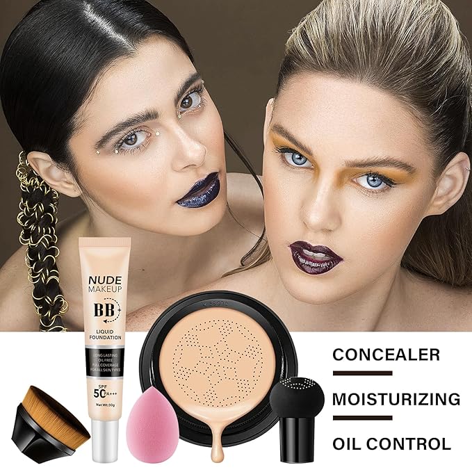 2PCS Mushroom Head Air Cushion CC Cream, Moisturizing Lasting Oil Control BB Cream for All Skin Types, Full Coverage Concealer Liquid Foundation Face Makeup Set with Foundation Brush & Makeup Sponge C