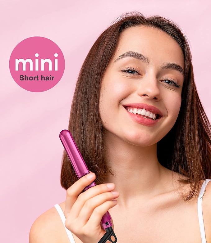 Terviiix Mini Flat Iron for Travel, 1/2'' Small Hair Straightener for Short Hair/Bangs, 0.5'' Portable Ceramic Straightening Irons, Dual Voltage, Pouch Included, Compact Size, Pink