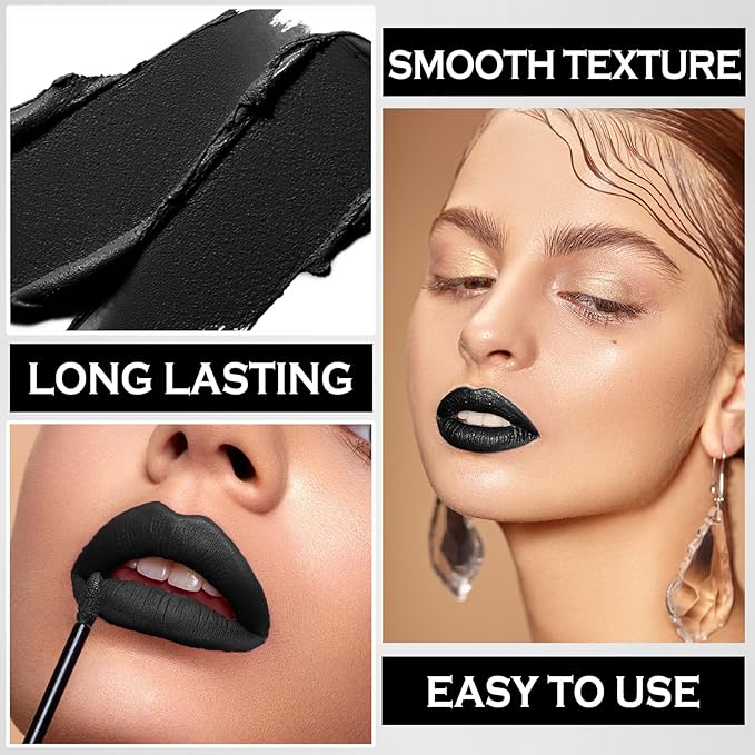 Matte Black Lipstick Lip Liner Set Black Liquid Lipstick Lip Tint Stain High Pigmented Black Lip Liner and Lip Gloss Set for Halloween Christmas Cosplay Goth Makeup