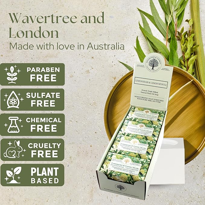 Wavertree & London Lemongrass & Lemon Myrtle Scented Natural Soap (8 Bars), 7oz Moisturizing French Triple Milled Soap Bars enriched with shea butter - Plant Oil Bath & Body Bars for All Skin Types
