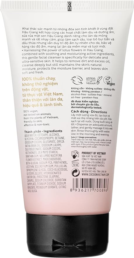 Hau Giang Lotus Soothing Cleanser - Gentle Facial Wash for Sensitive Skin, Natural Lotus Extract, Hydrating & Moisturizing, Protects Moisture Barrier, 100% Vegan