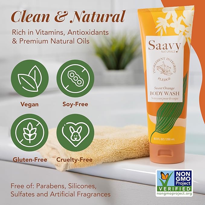 Body Wash Sweet Orange Saavy Naturals - Plant-Based Ingredients - Made In USA - Sensitive Skin Body Wash, l Organic & Vegan Formula With Coconut Oil, Shea Butter, And Aloe Vera - 8.5 Fl Oz,