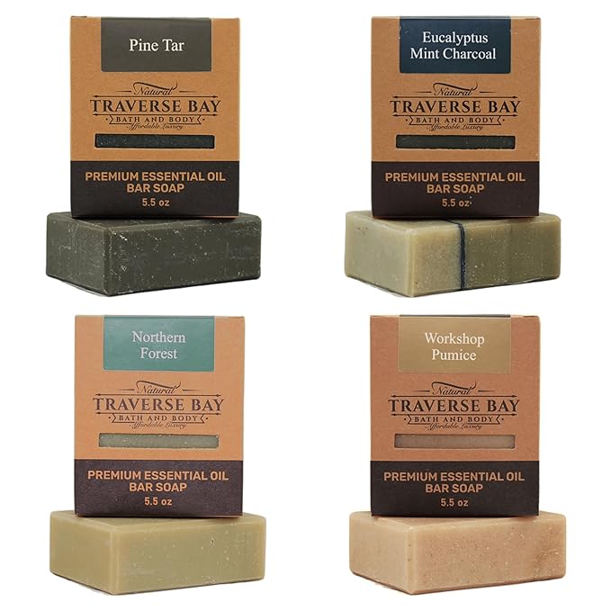 Traverse Bay Bath and Body Natural Cold Process Soap Rugged 4-Bar Variety Pack, Pine Tar, Eucalyptus Mint Charcoal, Northern Forest, Workshop Pumice 5.5 oz Each, 22+ oz Total