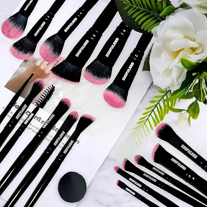 18-Piece Vegan Makeup Brush Set – Black & Pink Case, Soft Synthetic Bristles, Cruelty-Free, Ideal for Liquid, Powder, Cream & Bronzer; Includes Kabuki, Blender, Blush & Eyeshadow Brushes