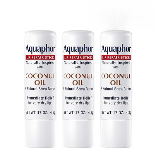 Aquaphor Naturally Inspired Lip Repair Stick with Coconut Oil and Natural Shea Butter, Hydrating Lip Balm Immediately Relieves Dryness and Soothes Chapped Lips, 0.17 Oz Stick, Pack of 3