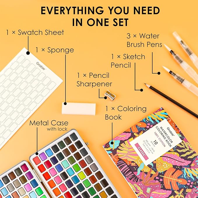 Grabie Watercolor Paint Set, Watercolor Paints, 168 Colors, Painting Set of Coloring Book, Water Brushes and Drawing Pencil, Art Supplies, Perfect Starter Kit for Watercolor Painting