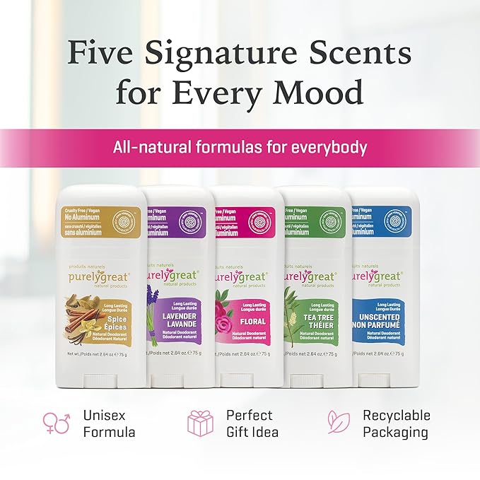 Purelygreat - Floral-Scented Natural Deodorant Stick, Travel-Friendly Hygiene Essentials for Women, Natural Deodorant for Men Without Aluminum & Parabens, 2.64 oz / 75 g