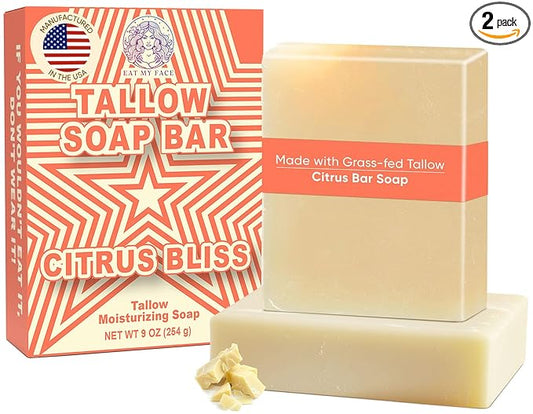 Eat My Face 2-Pack Beef Tallow Soap Bar Grass Fed | Organic Natural Body Wash Soap Bar for Women & Men | Moisturizing Tallow Cleanser for All Skin Types | Nourishing with Citrus Scent