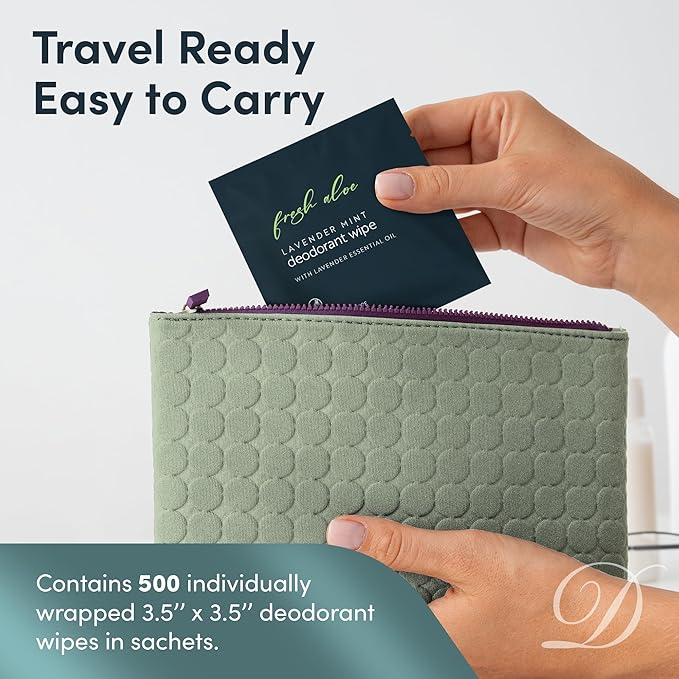 Individually Wrapped Deodorant Wipes | 500 Count Bulk | Lavender Mint with Fresh Aloe | Aluminum Free Travel Toiletries for Men and Women