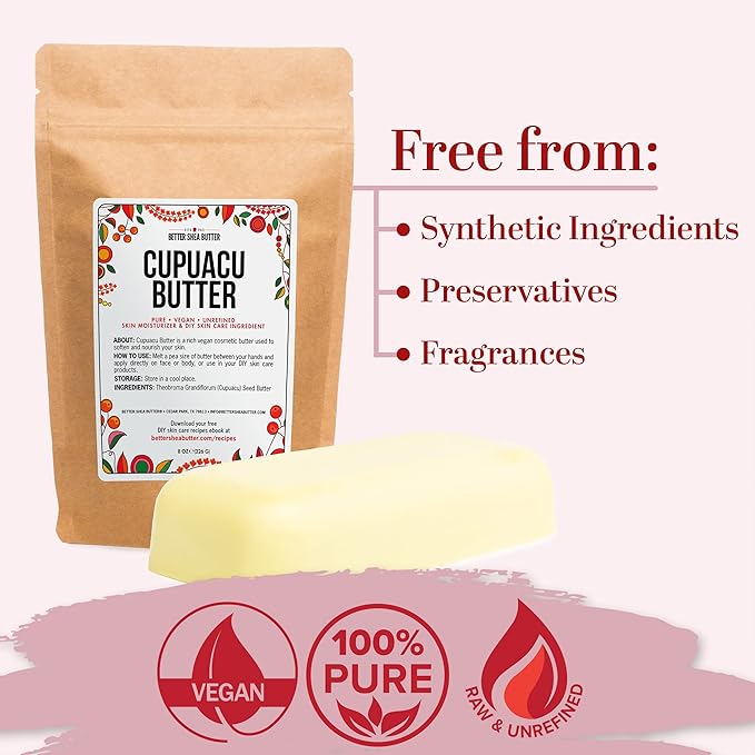 Cupuacu Butter Raw, Pure & Unrefined for Hair Growth & Dry Skin Use on Body and Face - Brazilian Body Butter Base, Lotion Base and Soap Making - Cupuaçu Butter 8 oz