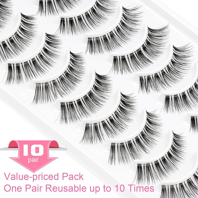 False Eyelashes Natural Lashes Wispy - 12mm Pestañas Postizas Naturales Cat Eye 10 Pairs Demi Wispies Short Fake Lashes Strips with 0.1mm Ultra Thin Clear Band by EMEDA (WISPY 02)