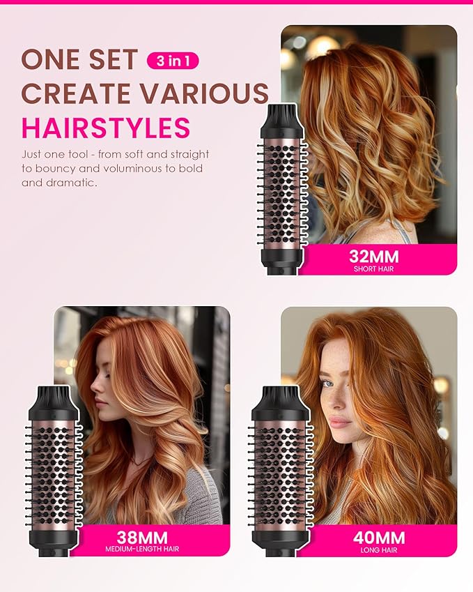 Thermal Brush 3 in 1 Set Ionic Heated,1.25"&1.5"&1.75" for Blowout Look Hot Hair Curling Iron Brush with 11 Temp Settings Digital Display Fast Heated for Women Volume & Smoother Portable (Pink)