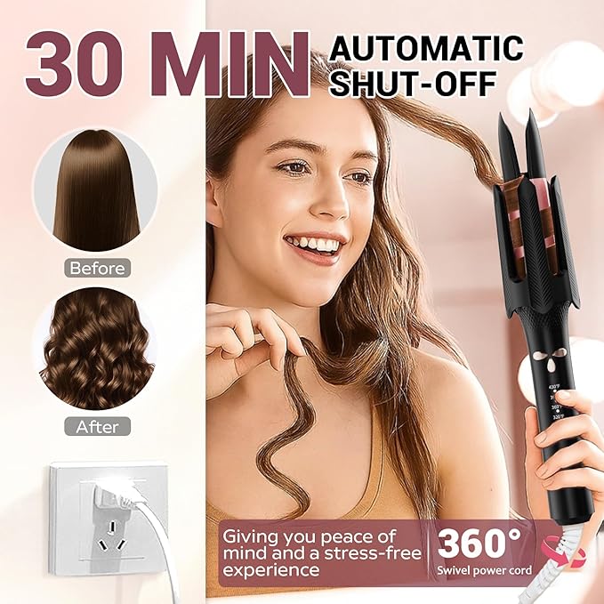 Auto Rotating Hair Curler - 4 Temperature and Timer Settings, Automatic Curling Iron with Automatic Shut-Off, Anti-Tangle and Scalding, Curling Wand for Long Lasting Curls (Black)