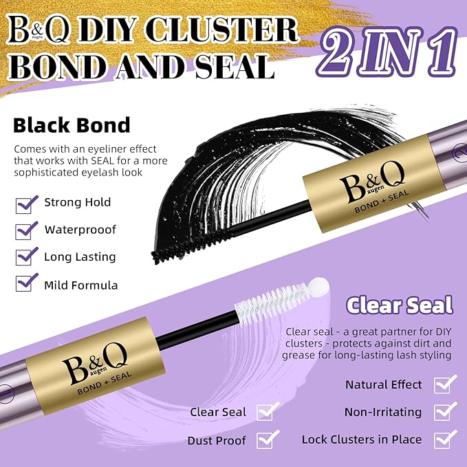 Lash Bond and Seal 10ML Cluster Lash Glue Bond and Seal Glue Waterproof Long Lasting Mascara Wand Lash Extension Bond and Seal Strong Hold 2 in 1 Bond and Seal ?Black Bond and Seal,10ML?