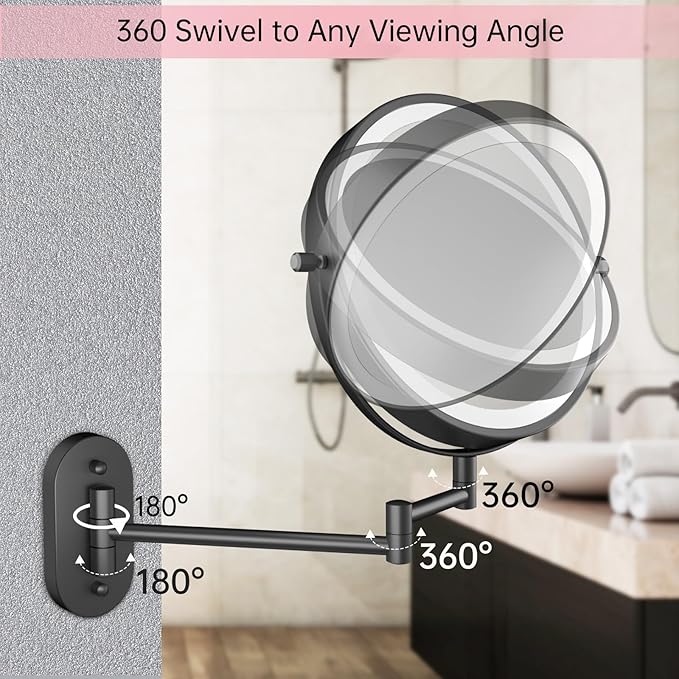 FUNTOUCH Rechargeable Wall Mounted Lighted Makeup Vanity Mirror 8 Inch Double Sided 1X 30X Magnifying Bathroom Mirror, 3 Color Lighting, Touch Dimming, Extended Arm 360 Rotation Light up Mirror Black