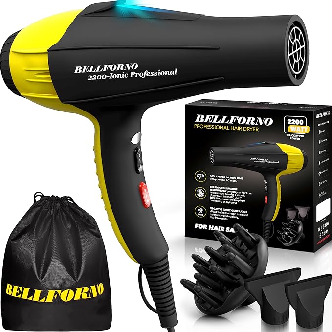 High-Power 2200W Ionic Hair Dryer - Fast-Drying, Constant Temperature Technology, AC Motor - Ideal for Curly Hair Care, Suitable for All Hair Types - HairDryer for Both Women and Men Black/Yellow