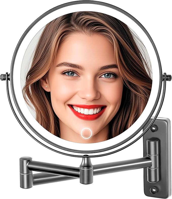 9" Large Wall Mounted Lighted Makeup Mirror Black Nickel, 1X/20X Magnifying Mirror with 3 Color Light, LED Lights Dimmable 5000mAh Rechargeable Wall Mount Makeup Mirror, 360° Swivel 17" for Bathroom