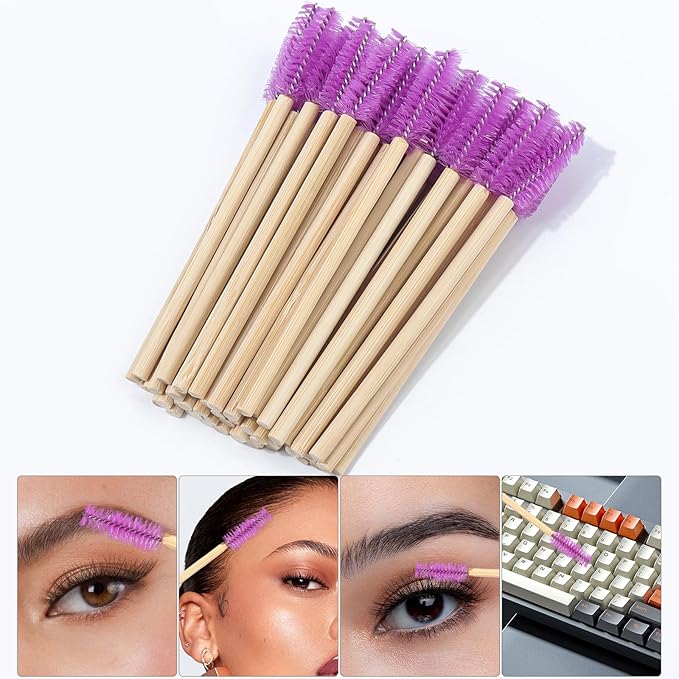 MyAoKuE-UP 100 Pack Bamboo Handle Mascara Wands Disposable Eyelash Brushes Eco-friendly Lash Extension Tool, Purple