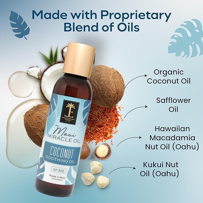 Island Essence Coconut Soothing Oil – Hawaiian Oil Blend with Organic Coconut Oil for Skin & Hair – Made in Maui – 4.5 oz Bottle for Body Massage - Massage Oils