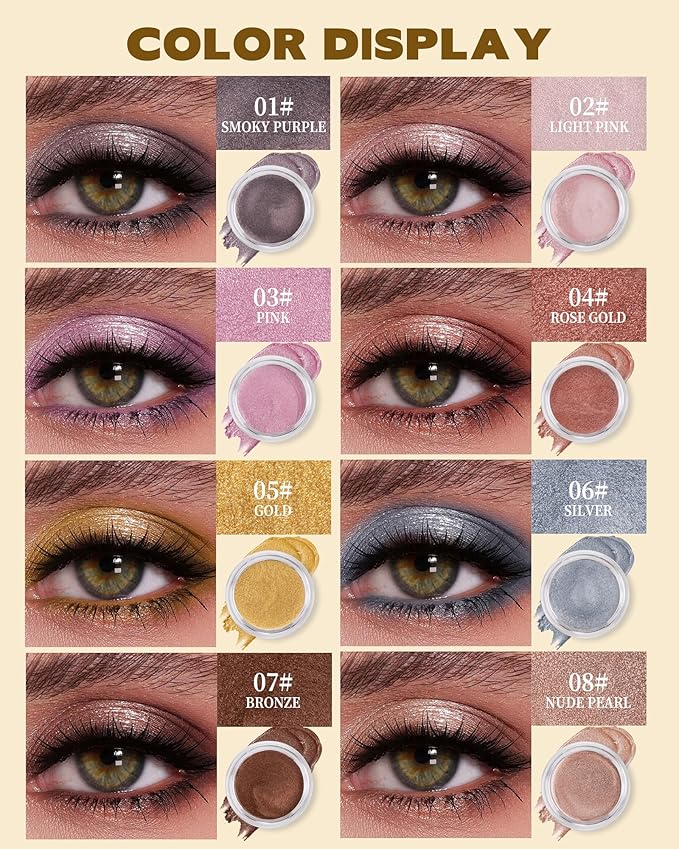 Shimmer Cream Eyeshadow, Ultra-Blendable Glitter Eye Shadow with Moisturizing Formula, Waterproof Long Lasting & Highly Pigmented, Single Creme Eyeshadow Highlighter Makeup for Women-02#Light Pink