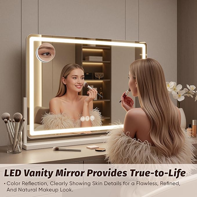 Vanity Mirror with Lights, 32"x22" Hollywood Lighted Makeup Mirror for Tabletop & Bedroom 3 Color Lighting Modes Smart Touch Control 360° Rotation Detachable