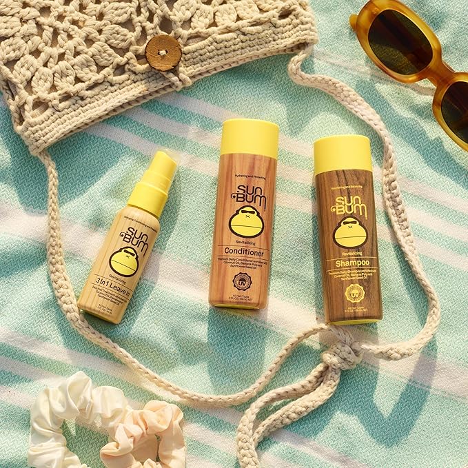 Sun Bum Revitalizing 3 in 1 Leave In Conditioner - Anti Frizz Detangler - Color Safe with UV Protection - Enriched with Coconut Oil and Banana - 1.5 oz (Pack of 3)