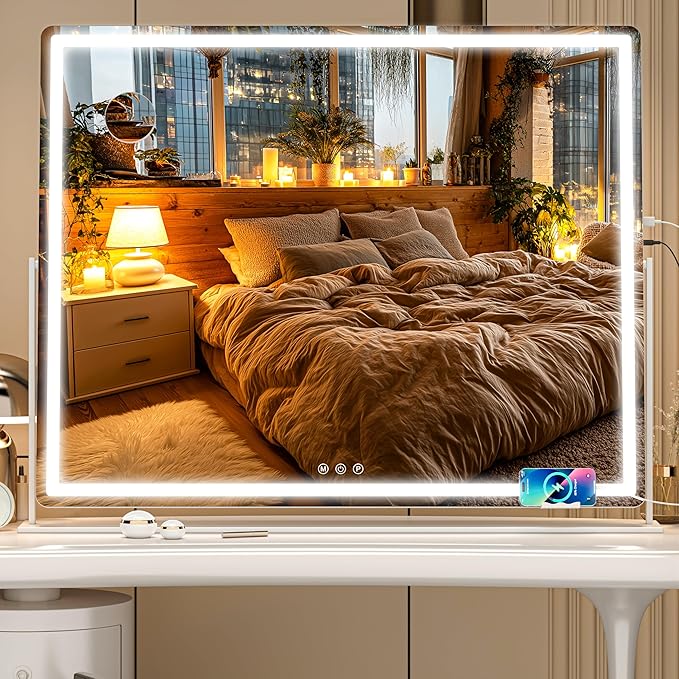 Vanity Mirror with Lights, 34'' x 25.6'' Lighted Makeup Mirror, Touch Screen with 3-Color Lighting, Dimmable for Vanity Desk Tabletop Round White