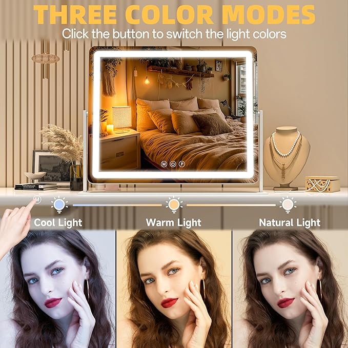 Vanity Mirror with Lights, 29.5'' x 22'' Lighted Makeup Mirror, Touch Screen with 3-Color Lighting, Dimmable for Vanity Desk Tabletop Round White