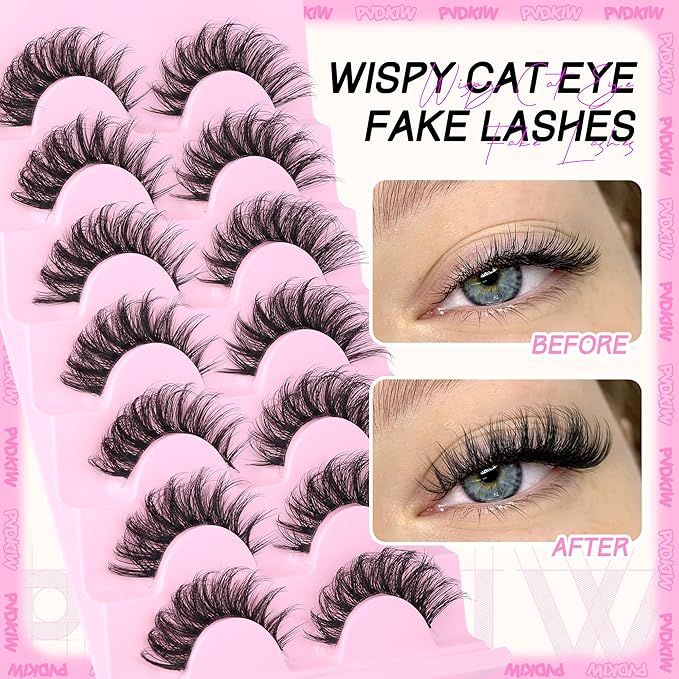 Mink Fake Lashes Wispy False Eyelashes Clear Band Natural Look Cat Eye Lashes Pack 3D 8-15mm Strip Lashes Wispy, 7 Pairs