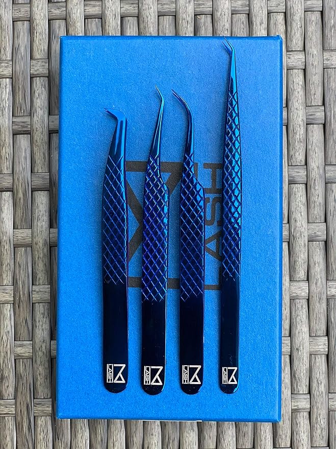 M LASH Tweezers for Eyelash Extensions (Set of 4) - Professional Lash Extension Tweezers - Fiber Tip, Japanese Steel, Diamond Grip Eyelash Extension Tweezer (Blue)