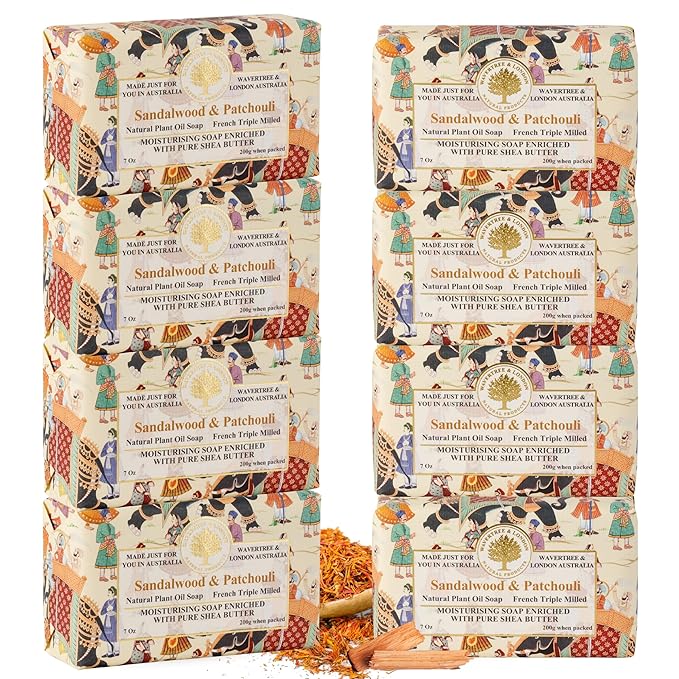Wavertree & London Sandalwood & Patchouli Scented Natural Soap Bars (Pack of 8), 7oz Moisturizing French Triple Milled Soap Bars enriched with shea butter, Plant Based Safe for All Skin Types