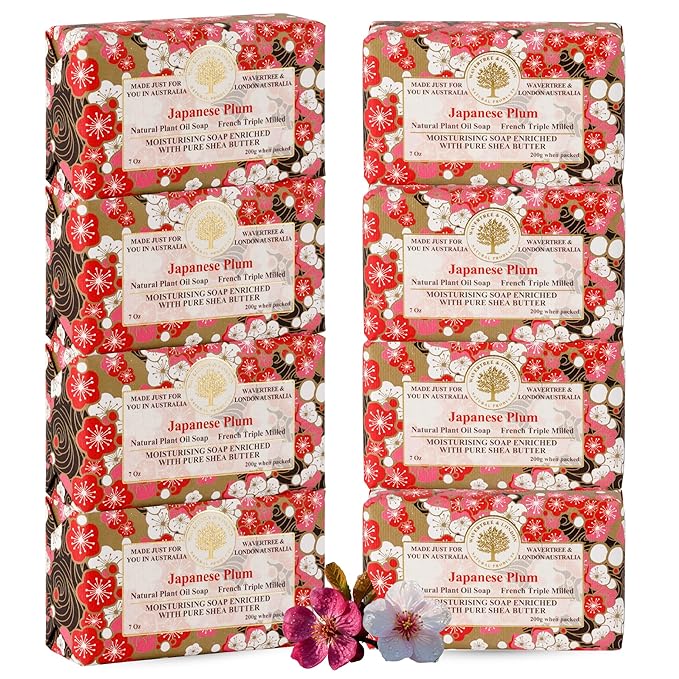 Wavertree & London Japanese Plum Scented Natural Soap (8 Bars), 7oz Moisturizing French Triple Milled Soap Bars enriched with shea butter - Pure Plant Oil Bath & Body Bars for All Skin Types