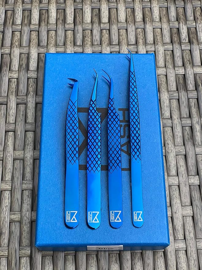M LASH Tweezers for Eyelash Extensions (Set of 4) - Professional Lash Extension Tweezers - Fiber Tip, Japanese Steel, Diamond Grip Eyelash Extension Tweezer (Blue)