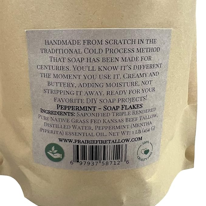 Pure Beef Tallow Soap Flakes - Made in USA - Grass Fed and Finished - Face, Body and Hair - Natural and Organic Peppermint