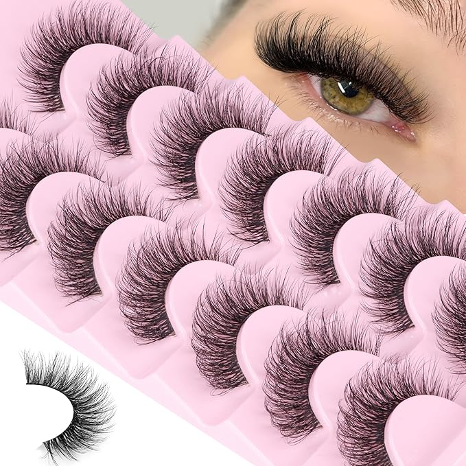 Mink Lashes Wispy False Eyelashes Clear Band Fake Strip Lashes Natural Look 18 mm Cat Eye Eyelashes Pack Pestañas Postizas Naturales Soft 3D Lashes, 7 Pairs