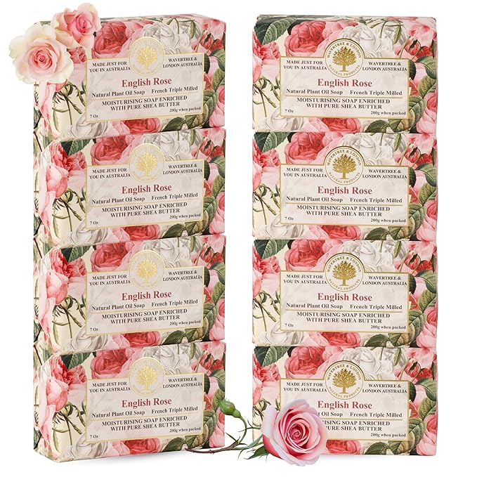 Wavertree & London English Rose Scented Natural Soap Bars for Women & Men (8 x 7oz) – Moisturizing Triple-Milled Soap Bars Enriched with Shea Butter – Plant-Based Bath & Body Bar for All Skin Types