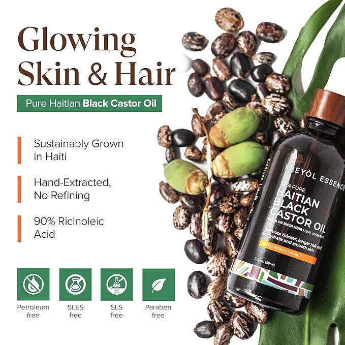 Kreyol Essence - Haitian Black Castor Oil for Skin and Hair, Glass Bottle - Fuller-Looking Hair, Hexane Free, Natural Humectant