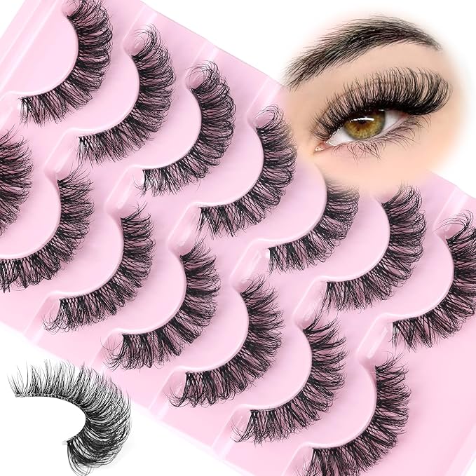 Strip Lashes Wispy False Eyelashes Clear Band Mink Lashes Natural Look Fake Eyelashes 3D 17MM Wispy Cat Eye Lashes Pack, 7 Pairs