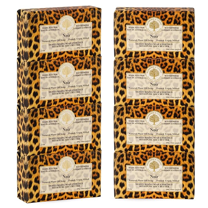 Wavertree & London Noir Scented Natural Soap (8 Bars), 7oz Moisturizing French Triple Milled Soap Bars enriched with shea butter - Pure Plant Oil Bath & Body Bars for All Skin Types