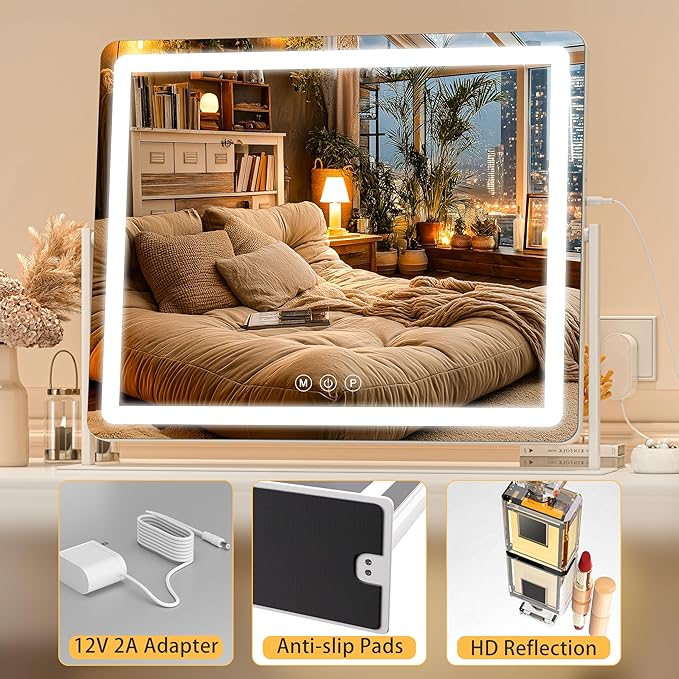 Vanity Mirror with Lights, 25.6'' x 22'' Lighted Makeup Mirror, Touch Screen with 3-Color Lighting, Dimmable for Vanity Desk Tabletop Round White