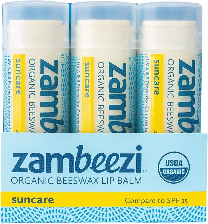 Organic, Fair Trade Beeswax Lip Balm - Suncare 3 Pack - Mineral Based Zinc Oxide Sun Protection - Ethically Sourced