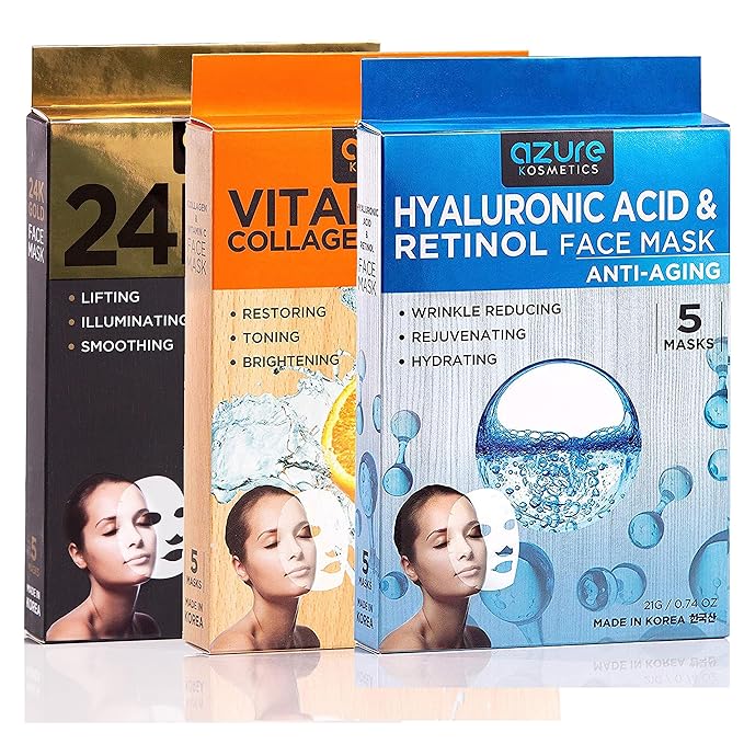 Azure Cosmetics Complete Facial Sheet Mask Bundle - Deeply Hydrating, Anti Aging, Firming - Hyaluronic Acid, Collagen, Vit C, B5, Retinol - Vegan and Alcohol/Cruelty Free - 15 Masks - Made in Korea