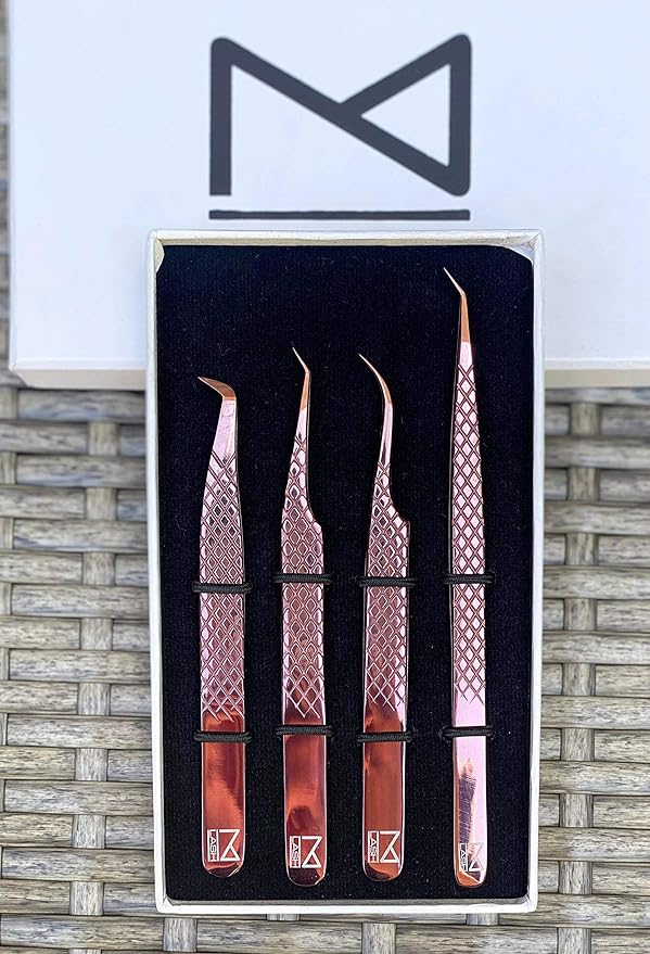 M LASH Tweezers for Eyelash Extensions (Set of 4) - Professional Lash Extension Tweezers - Fiber Tip, Japanese Steel, Diamond Grip (Rose Gold)