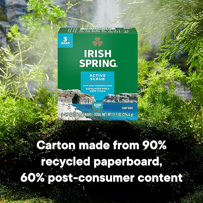 Irish Spring Active Scrub Mens Bar Soap, Men's Exfoliating Bar Soap, Smell Fresh and Clean for 12 Hours, Men Soap Bars for Washing Hands and Body, Recyclable Carton, 24 Pack, 3.7 Oz Soap Bars