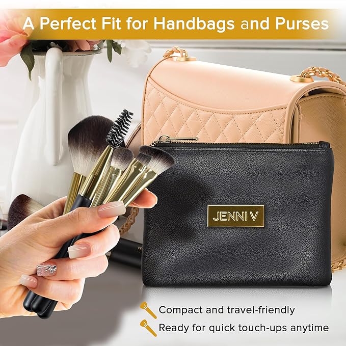 JENNI V Premium Travel Makeup Brushes Set - 14 Pc Mini Makeup Brushes with Handmade Leather Case - Portable Travel Makeup Brush Set with Holder - Travel Size Makeup Products for Blush, Foundation