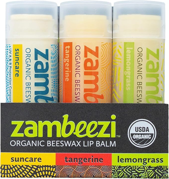 Organic, Fair Trade Beeswax Lip Balm - Variety 3 Pack (Suncare, Tangerine and Lemongrass) - Ethically Sourced