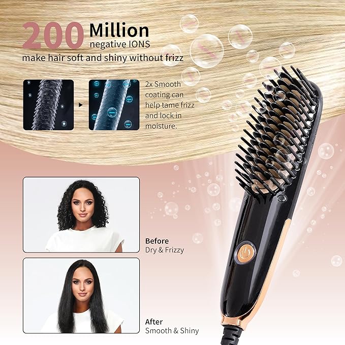 Mini Hair Straightening Iron with Built-in Comb for Travel, Portable Hair Straightener Brush, Ionic Hot Comb Straightener for Women (Black)