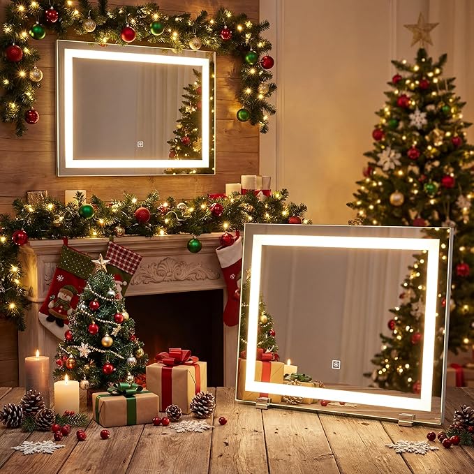 HNV 22"x20" Lighted Vanity Mirror – Large Makeup Mirror with 3-Color Dimmable LED Lights, 10X Magnification, Touch Control, Tabletop or Wall Mount Mirror for Bedroom & Dressing Room (White)