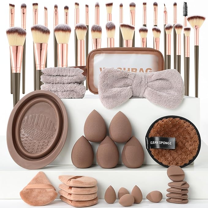 Makeup Brush Set for Foundation Concealer Eyeshadow and Travel, Include Make Up Brush, Sponge, 56PCS Brown