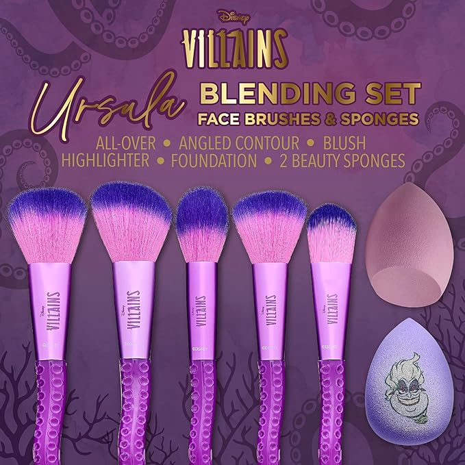 Disney Ursula 7PC Makeup Brush & Blender Set, All-over, Highlighter, Concealer, and Eyeshadow Brush, 2 Beauty Blender Sponges for women and girls by Belle Maison